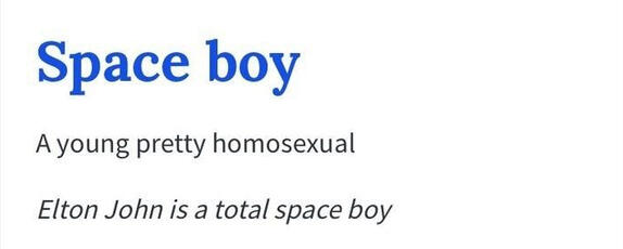 A dictionary definition for the term "space boy". The definition reads "A young pretty homosexual". The example of use reads "Elton John is a total space boy".