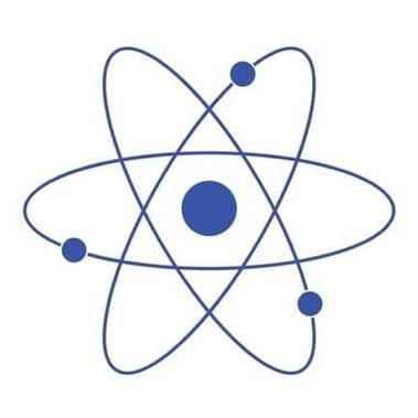 A blue minimalistic graphic of an atom with three electrons circling it.