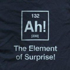 A photo of a black shirt design. there is an periodic table box with text that reads "Ah!" inside of it, and below the box it reads "The Element of Surprise!"
